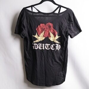 Dutch Bros Y2K Punk Rock Swallow Birds Roses Floral V Neck T Shirt Womens S